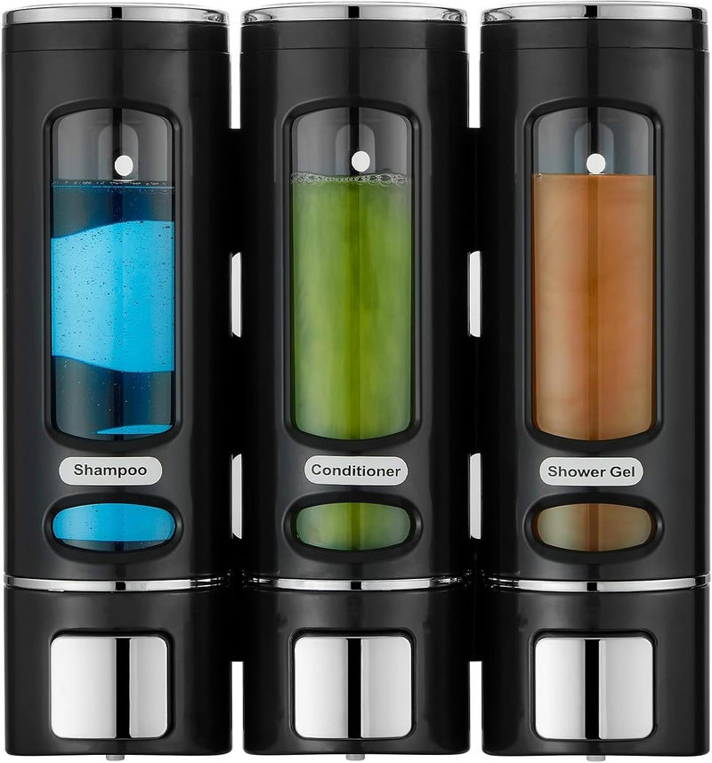 pollock Shampoo and Conditioner Dispenser,Shower Shampoo Dispenser 3 Chamber No Drilled Shampoo Dispenser for Shower Wall Mounted Shower Dispenser Body Wash Dispenser for Bathroom Kitchen Hotel, Black - Image 1
